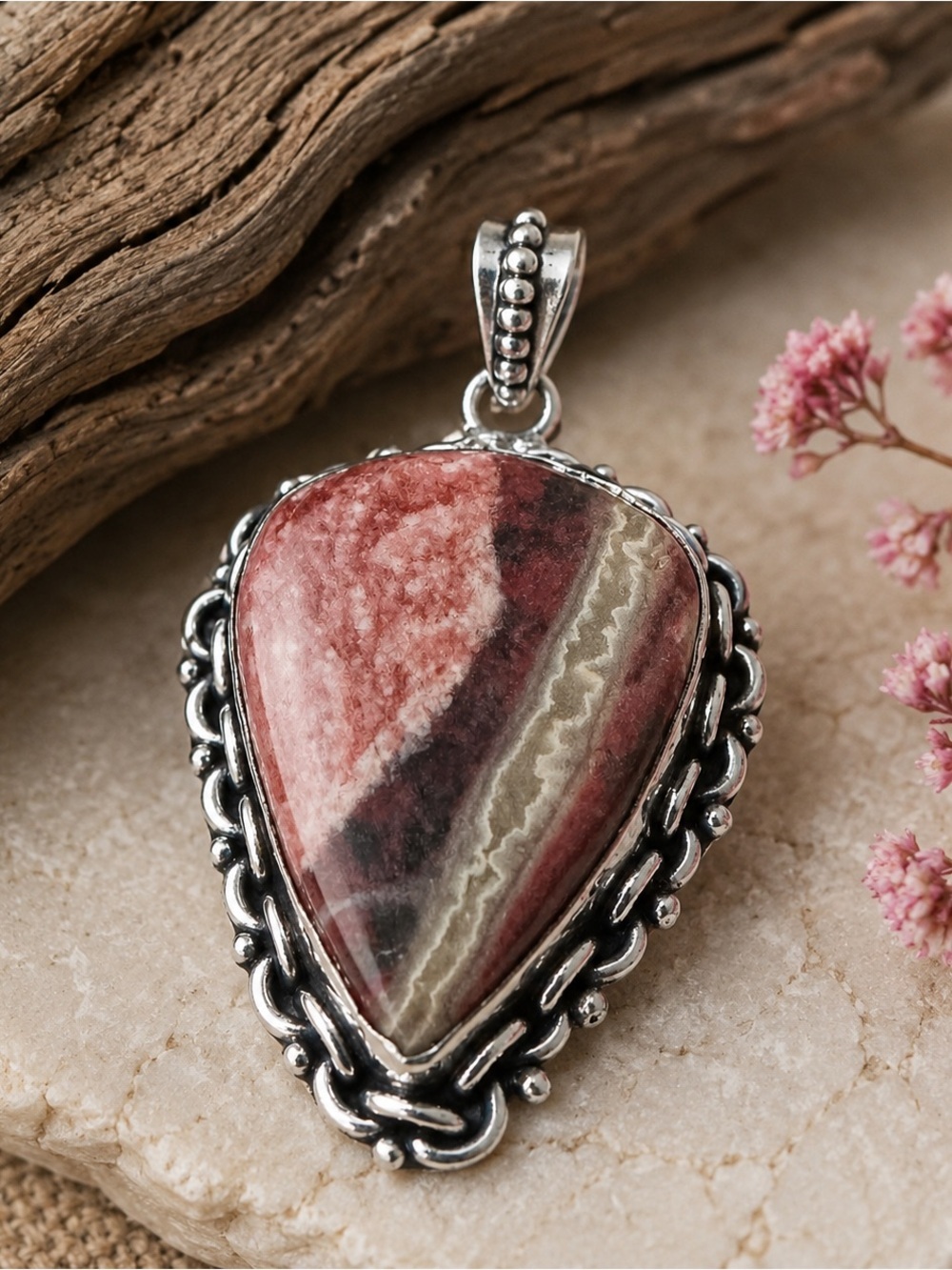 Artisan Pink and Gray Teardrop Rhodochrosite Pendant Necklace